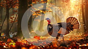 Turkey strutting through the fall forest, with sunlight beaming from behind