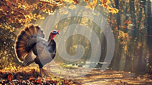 Turkey strutting through the fall forest, with sunlight beaming from behind