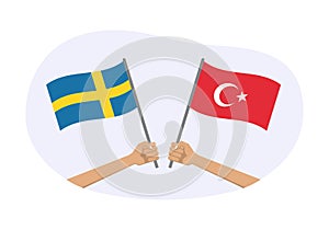 Turkey and Sweden flags. Swedish and Turkish national symbols. Hand holding waving flag. Vector