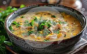 Turkey and Sweet Corn Soup Served in Ceramic Bowl at Dinnertime