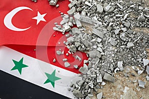 Turkey and Syria Earthquake, A background of the Turkish and Syria flag and brick debris