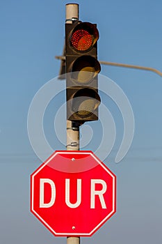 Turkey traffic signs and traffic light. DUR = STOP photo