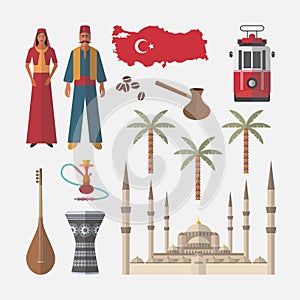 Turkey travel icon. Set of architecture, people, items.