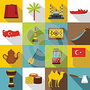 Turkey travel icons set, flat style