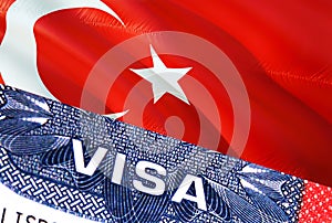 Turkey Visa Document, with Turkey flag in background. Turkey flag with Close up text VISA on USA visa stamp in passport,3D