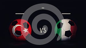 Turkey vs Italy Euro 2020 football matchday announcement. Two soccer balls with country flags, showing match infographic, isolated