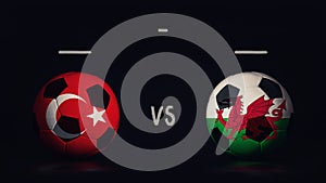 Turkey vs Wales Euro 2020 football matchday announcement. Two soccer balls with country flags, showing match infographic, isolated
