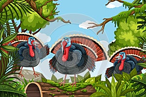 Turkeys in jungle scene