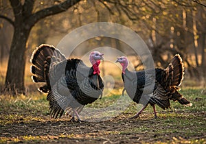 Turkeys Roaming in Forest