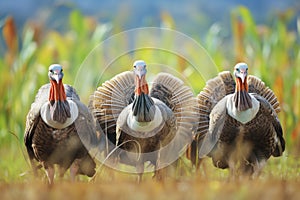 turkeys ruffling feathers by a cornfield
