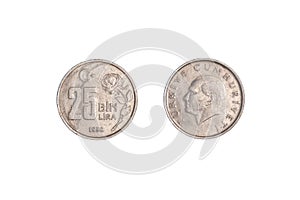 Turkish 25 Bin Liras Coins Isolated On black. close-up.
