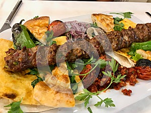 Turkish Adana Kebab / Kebap with Flatbread at Oriental Restaurant