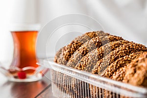 Turkish Bagel Kandil simiti with tea stack of pastry