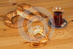 Turkish Bagel (Simit) and ay coregi with traditional Turkish tea