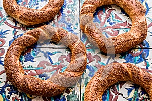 Turkish Bagel Simit on ottoman pattern surface.