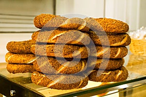 Turkish Bagel,`Simit`stacked in the bakehouse