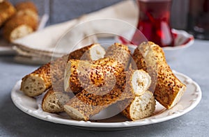 Turkish bagel and Turkish tea. Turkish name simit and Turk cayi