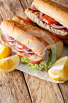 Turkish Balik Ekmek sandwich with grilled mackerel and vegetables close-up. vertical