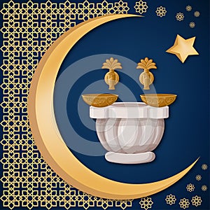 Turkish bath, hamam with copper bowls with oriental decoration, moon, and star on dark blue background.