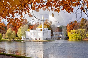 Turkish bath and Marble bridge in Catherine park in fall, Pushkin Tsarskoe Selo, St. Petersburg, Russia