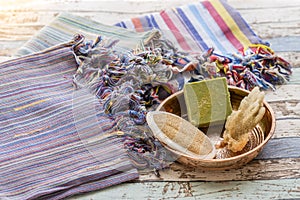 Turkish bath set with peshtemals, sponge, natural soap, and scrubber