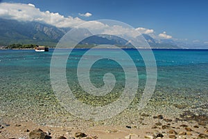 Turkish beach and Taurus mountains. Kemer, Turkey