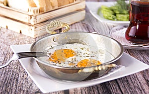 Turkish Breakfast - Fried Egg, Bread, Salad and Tea