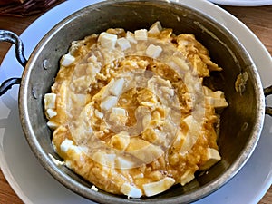 Turkish Breakfast Fried Egg Omelette / Scrambled Eggs with Cheese in Pan
