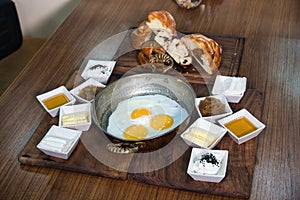Turkish Breakfast With Fried Eggs and Bread