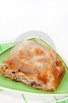 Turkish burek with meat on a green plate