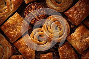 Turkish Burek, Traditional Borek, Homemade Boureki Feta Bun, Abstract Generative AI Illustration