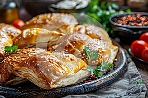 Turkish Bureks, Traditional Borek, Meat Filled Pie, Many Homemade Boureki Feta Buns Top View