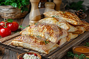 Turkish Bureks, Traditional Borek, Meat Filled Pie, Many Homemade Boureki Feta Buns Top View