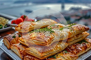 Turkish Bureks, Traditional Borek, Meat Filled Pie, Many Homemade Boureki Feta Buns Top View