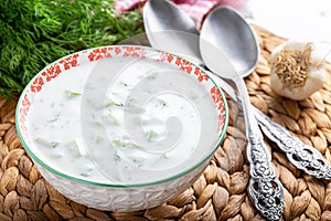 Turkish Cacik Yogurt with Cucumber Slices and Olive Oil Tzatziki Sauce