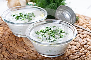 Turkish Cacik Yogurt with Cucumber Slices and Olive Oil Tzatziki Sauce