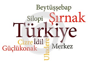 Turkish city Sirnak subdivisions in word clouds