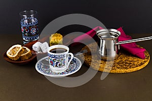 Turkish coffee with baclava and delight photo