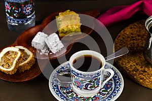 Turkish coffee with baclava and delight photo