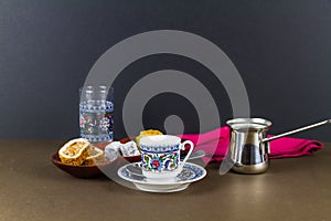 Turkish coffee with baclava and delight photo