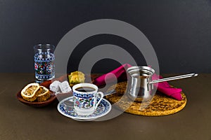 Turkish coffee with baclava and delight photo