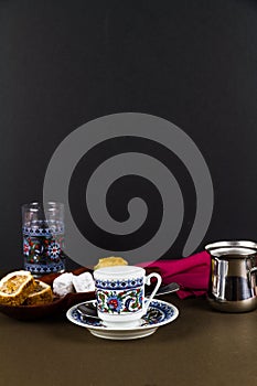 Turkish coffee with baclava and delight photo