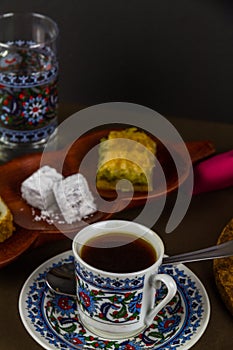 Turkish coffee with baclava and delight photo