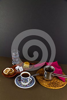 Turkish coffee with baclava and delight photo