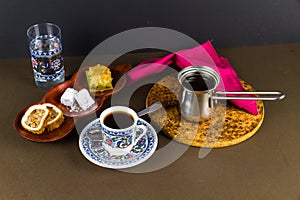 Turkish coffee with baclava and delight photo