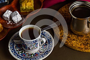 Turkish coffee with baclava and delight photo