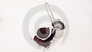 Turkish Coffee, Beans and Powder on White Background
