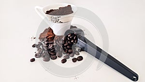 Turkish Coffee, Beans and Powder on White Background