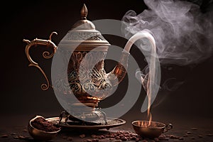 turkish coffee being brewed in traditional copper pot, with smoke wafting from the surface