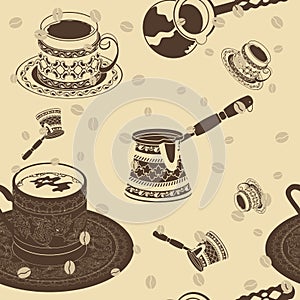 Turkish Coffee and Coffee Beans Vector Seamless Pattern
